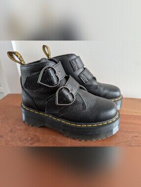 Dr. Martens Devon Heart Black Leather Ankle Boots with Yellow Stitchin